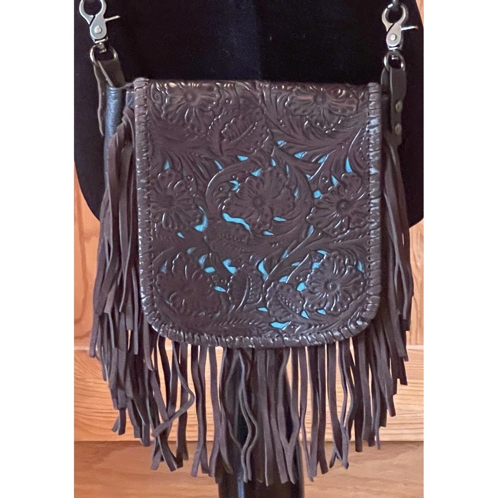 Western Floral Tooled Leather Fringe Crossbody Bag Teal Inlay Skull Buckle‎